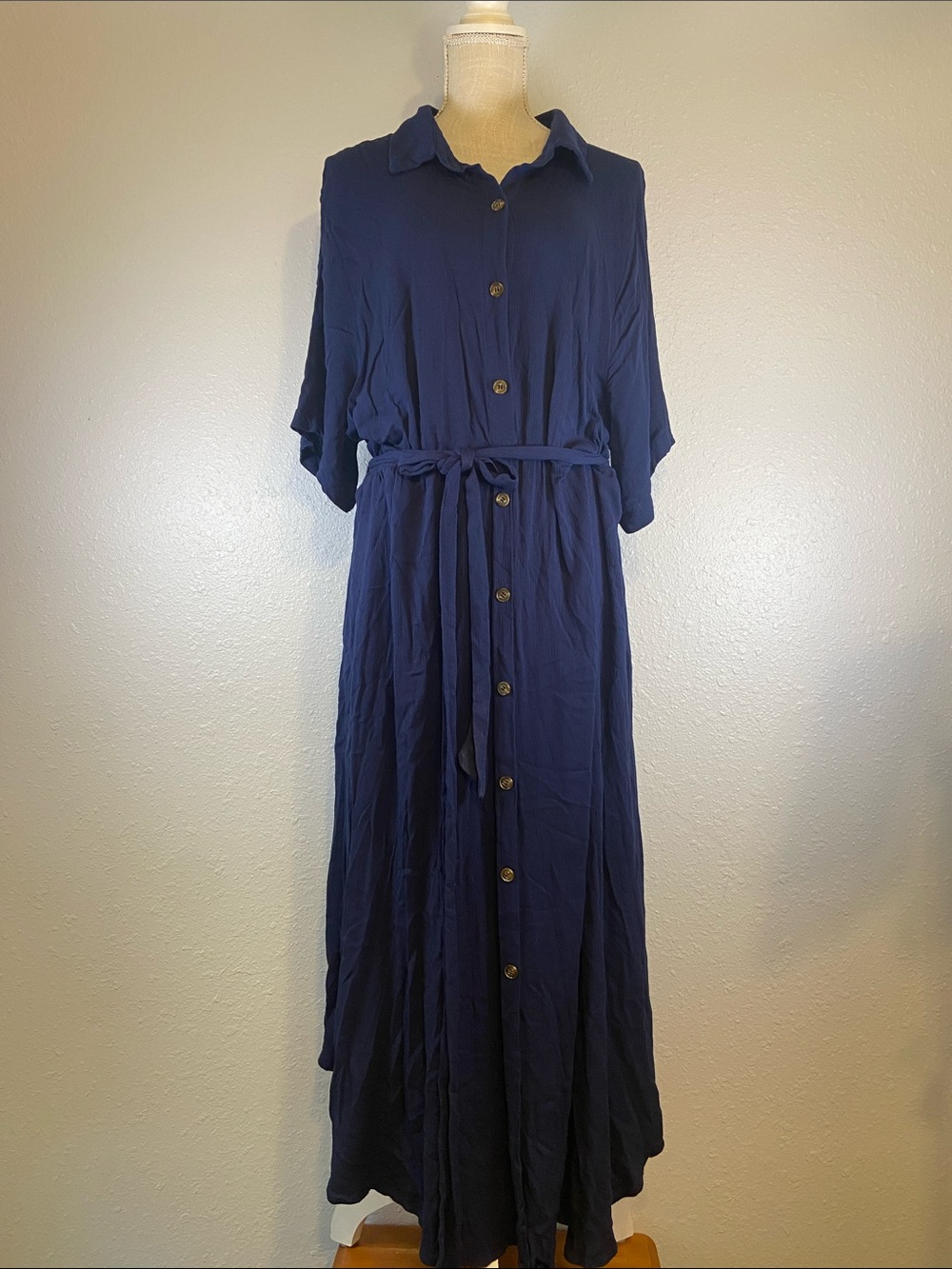 BloomChic Navy Blue Retro Vintage Style Shirt Collar Belted Maxi Dress Size 22